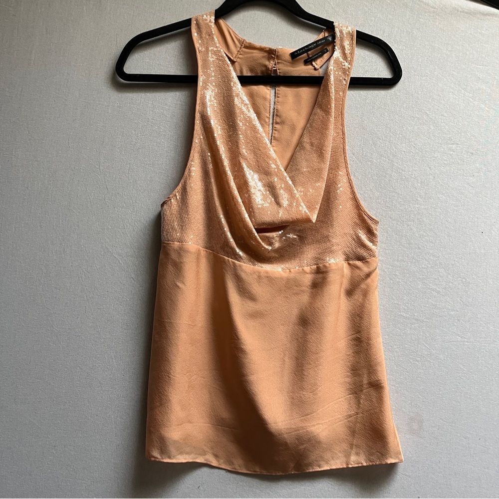 Mackage Collection Sequin Cowl Neck Keyhole Back Tank Top Blouse Peach Gold S